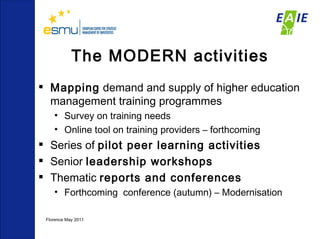 The MODERN activities Mapping  demand and supply of higher education management training programmes Survey on training needs Online tool on training providers – forthcoming  Series of  pilot peer learning activities Senior  leadership workshops  Thematic  reports and conferences  Forthcoming  conference (autumn) – Modernisation Florence May 2011  