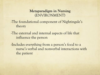 Metaparadigm in Nursing (ENVIRONMENT) -The foundational component of Nightingale’s theory -The external and internal aspects of life that influence the person -Includes everything from a person’s food to a nurse’s verbal and nonverbal interactions with the patient 