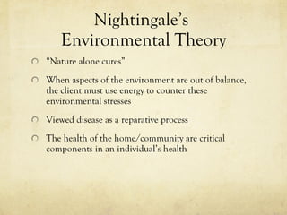 Nightingale’s  Environmental Theory “ Nature alone cures” When aspects of the environment are out of balance, the client must use energy to counter these environmental stresses Viewed disease as a reparative process The health of the home/community are critical components in an individual’s health 