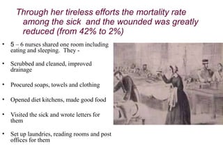 Through her tireless efforts the mortality rate
among the sick and the wounded was greatly
reduced (from 42% to 2%)
• 5 – 6 nurses shared one room including
eating and sleeping. They -
• Scrubbed and cleaned, improved
drainage
• Procured soaps, towels and clothing
• Opened diet kitchens, made good food
• Visited the sick and wrote letters for
them
• Set up laundries, reading rooms and post
offices for them
 
