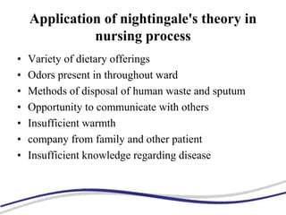Application of nightingale's theory in
nursing process
• Variety of dietary offerings
• Odors present in throughout ward
• Methods of disposal of human waste and sputum
• Opportunity to communicate with others
• Insufficient warmth
• company from family and other patient
• Insufficient knowledge regarding disease
 