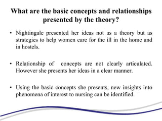 What are the basic concepts and relationships
presented by the theory?
• Nightingale presented her ideas not as a theory but as
strategies to help women care for the ill in the home and
in hostels.
• Relationship of concepts are not clearly articulated.
However she presents her ideas in a clear manner.
• Using the basic concepts she presents, new insights into
phenomena of interest to nursing can be identified.
 
