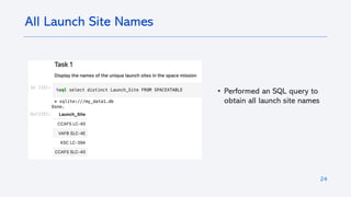 24
• Performed an SQL query to
obtain all launch site names
All Launch Site Names
 