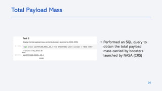 26
Total Payload Mass
• Performed an SQL query to
obtain the total payload
mass carried by boosters
launched by NASA (CRS)
 