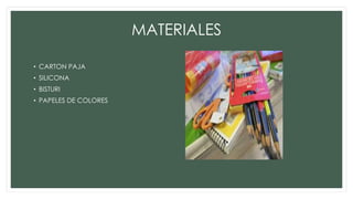 MATERIALES
• CARTON PAJA
• SILICONA
• BISTURI
• PAPELES DE COLORES
 