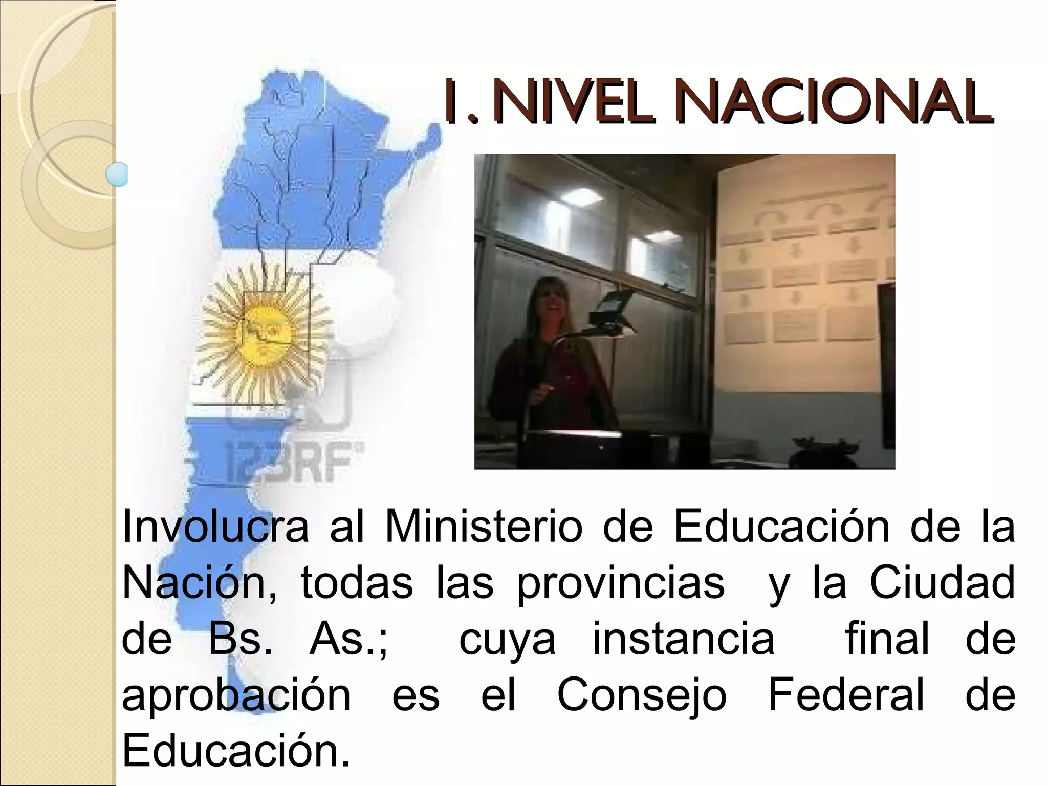1. NIVEL NACIONAL Involucra al Ministerio de Educación de la Nación, todas las provincias y la Ciudad de Bs. As.; cuya instancia final de aprobación es el Consejo Federal de Educación.