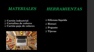 MATERIALES
 Cartón industrial
 Cartulina de colores
 Cartón paja de colores
HERRAMIENTAS
 Silicona liquida
 Bisturí
 Pegante
 Tijeras
 