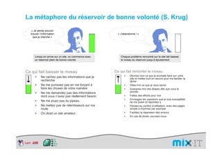La métaphore du réservoir de bonne volonté (S. Krug)
   « Je pense pouvoir
  trouver l’information                                 « J’abandonne ! »
    que je cherche »




     Lorsqu’on arrive sur un site, on commence avec       Chaque problème rencontré sur le site fait baisser
     un réservoir plein de bonne volonté                  le niveau du réservoir jusqu’à épuisement.



Ce qui fait baisser le niveau                         Ce qui fait remonter le niveau
     ×     Ne cachez pas les informations que je            ×    Devinez tout ce que je souhaite faire sur votre
                                                                 site et mettez tout en oeuvre pour me faciliter la
           recherche                                             tâche
     ×     Ne me punissez pas en me forçant à               ×    Dites-moi ce que je veux savoir
           faire les choses de votre manière                ×    Epargnez-moi des étapes dès que vous le
     ×     Ne me demandez pas des informations                   pouvez
           dont vous n’avez pas réellement besoin           ×    Faites des efforts pour moi
                                                            ×    Envisagez les questions que je suis susceptible
     ×     Ne me jouez pas du pipeau                             de me poser et répondez-y
     ×     Ne mettez pas de ralentisseurs sur ma            ×    Pensez-au confort d’utilisation, avec des pages
           route                                                 simple à imprimer par exemple
     ×     On dirait un site amateur                        ×    Facilitez la réparation des erreurs
                                                            ×    En cas de doute, excusez-nous
 