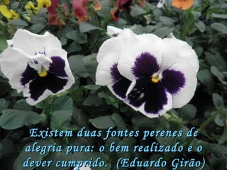 Existem duas fontes perenes de alegria pura: o bem realizado e o dever cumprido.  (Eduardo Girão) 