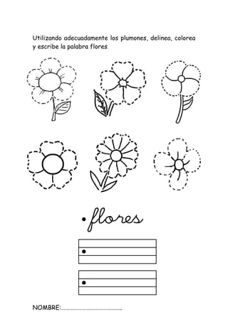 Utilizando adecuadamente los plumones, delinea, colorea
y escribe la palabra flores.
NOMBRE:……………………………………..
 