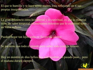 El que te humilla y te hace sentir menos, esta reflejando en ti sus propias inseguridades.  La gran diferencia entre lo material y lo espiritual, es que lo material tiene un valor temporal, momentaneo mientras que lo espiritual tiene un valor infinito.  Puedes llegar tan lejos como te lleven tus sueños  Se paciente con todo el mundo pero sobre todo contigo mismo.  Hay un montón de días bellos que aún vendrán, lo pasado paso... pero el mañana durará siempre.  