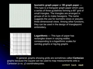 Isometric graph paper  or  3D graph paper  — This type is a triangular graph paper which uses a series of three guidelines forming a 60° grid of small triangles. The triangles are arranged in groups of six to make hexagons. The name suggests the use for isometric views or pseudo-three dimensional views. Among other functions, they can be used in the design of trianglepoint embroidery. Logarithmic  — This type of paper has rectangles drawn in varying widths corresponding to a logarithmic scales for semilog graphs or log-log graphs In general, graphs showing grids are sometimes called  Cartesian  graphs because the square can be used to map measurements onto a Cartesian (x vs. y) coordinatesystes.  next back content 