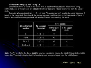 Combined Adding-up And Taking Off When the number of beads in the lower deck is less than the subtracter (the number being subtracted), one or more beads are added in the lower deck and 1 bead is removed from the upper-deck.  Example: When subtracting 4 (+1-5 = -4) from 7 (represented by 1 bead in the upper-deck and 2 beads in the lower deck (less than 4, the subtracter), one bead is added to the lower deck (+1) and 1 bead is removed from the upper-deck (-5) leaving 3 beads, representing the result.  Note : The “+” symbol in the  Move bead(s)  columns represents moving the bead(s)  towards  the middle beam; the “-“ symbol indicates that the bead(s) should be moved  away  from the middle beam.  next back content -1 +1 4 (-5 +1) 5,6,7 or 8 -1 +2 3 (-5 +2) 5,6 or 7 -1 +3 2 (-5 +3) 5 or 6 -1 +4 1 (-5 +4) 5 in the upper deck  in the lower deck  Move bead(s) To subtract (formula) Given the first number 