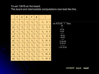 To set 13678 on the board. The board and intermediate computations now look like this. _____________ √ 46 78 53 99  =  6839. 36 -- 10 78 10 24 ----- 54 53 40 89 ----- 13 64 99 12 30 21 -------- 1 34 78 00  next back content 8 / 1    18   9 7 / 2 6 / 3 5 / 4 ²/ 7 0 / 9 9 6 / 4    16   8 6 / 4 5 / 6 4 / 8 ²/ 4 0 / 8 8 4 / 9    14   7 5 / 6 4 / 9 4 / 2 ²/ 1 0 / 7 7 ³/ 6    12   6 4 / 8 4 / 2 ³/ 6 1 / 8 0 / 6 6 ²/ 5    10   5 4 / 0 ³/ 5 ³/ 0 1 / 5 0 / 5 5 1 / 6      8   4 ³/ 2 ²/ 8 ²/ 4 1 / 2 0 / 4 4 0 / 9      6   3 ²/ 4 ²/ 1 1 / 8 0 / 9 0 / 3 3 0 / 4      4   2 1 / 6 1 / 4 1 / 2 0 / 6 0 / 2 2 0 / 1      2   1 0 / 8 0 / 7 0 / 6 0 / 3 0 / 1 1 √ 8 7 6 3 1   