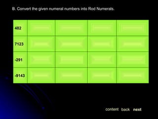 B. Convert the given numeral numbers into Rod Numerals. next back content   -9143     -291   7123   482 