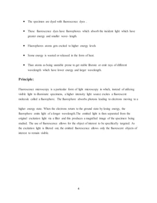 4
 The specimen are dyed with fluorescence dyes .
 These fluorescence dyes have fluorophores which absorb the incident light which have
greater energy and smaller wave- length.
 Fluorophores atoms gets excited to higher energy levels
 Some energy is wasted or released in the form of heat.
 Than atoms as being unstable prone to get stable liberate or emit rays of different
wavelength which have lower energy and larger wavelength.
Principle:
Fluorescence microscopy is a particular form of light microscopy in which, instead of utilizing
visible light to illuminate specimens, a higher intensity light source excites a fluorescent
molecule called a fluorophore. The fluorophore absorbs photons leading to electrons moving to a
higher energy state. When the electrons return to the ground state by losing energy, the
fluorophore emits light of a longer wavelength.The emitted light is then separated from the
original excitation light via a filter and this produces a magnified image of the specimen being
studied. The use of fluorescence allows for the object of interest to be specifically targeted. As
the excitation light is filtered out, the emitted fluorescence allows only the fluorescent objects of
interest to remain visible.
 
