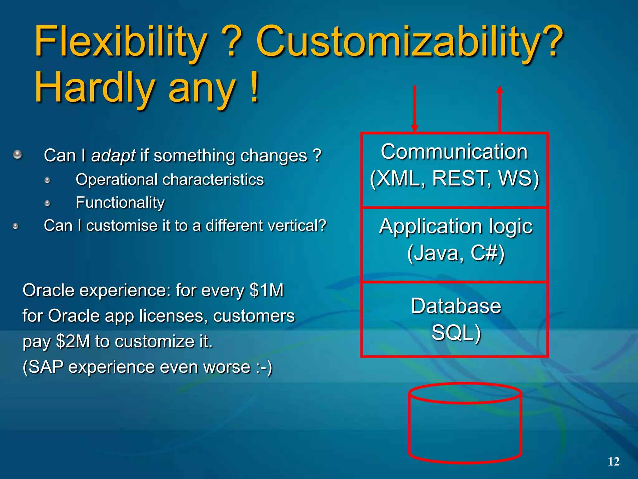 Flexibility ? Customizability?
 Hardly any !
  Can I adapt if something changes ?             Communication
      Operational characteristics               (XML, REST, WS)
      Functionality
  Can I customise it to a different vertical?   Application logic
                                                  (Java, C#)
Oracle experience: for every $1M
for Oracle app licenses, customers                 Database
pay $2M to customize it.                            SQL)
(SAP experience even worse :-)




                                                                    12
 