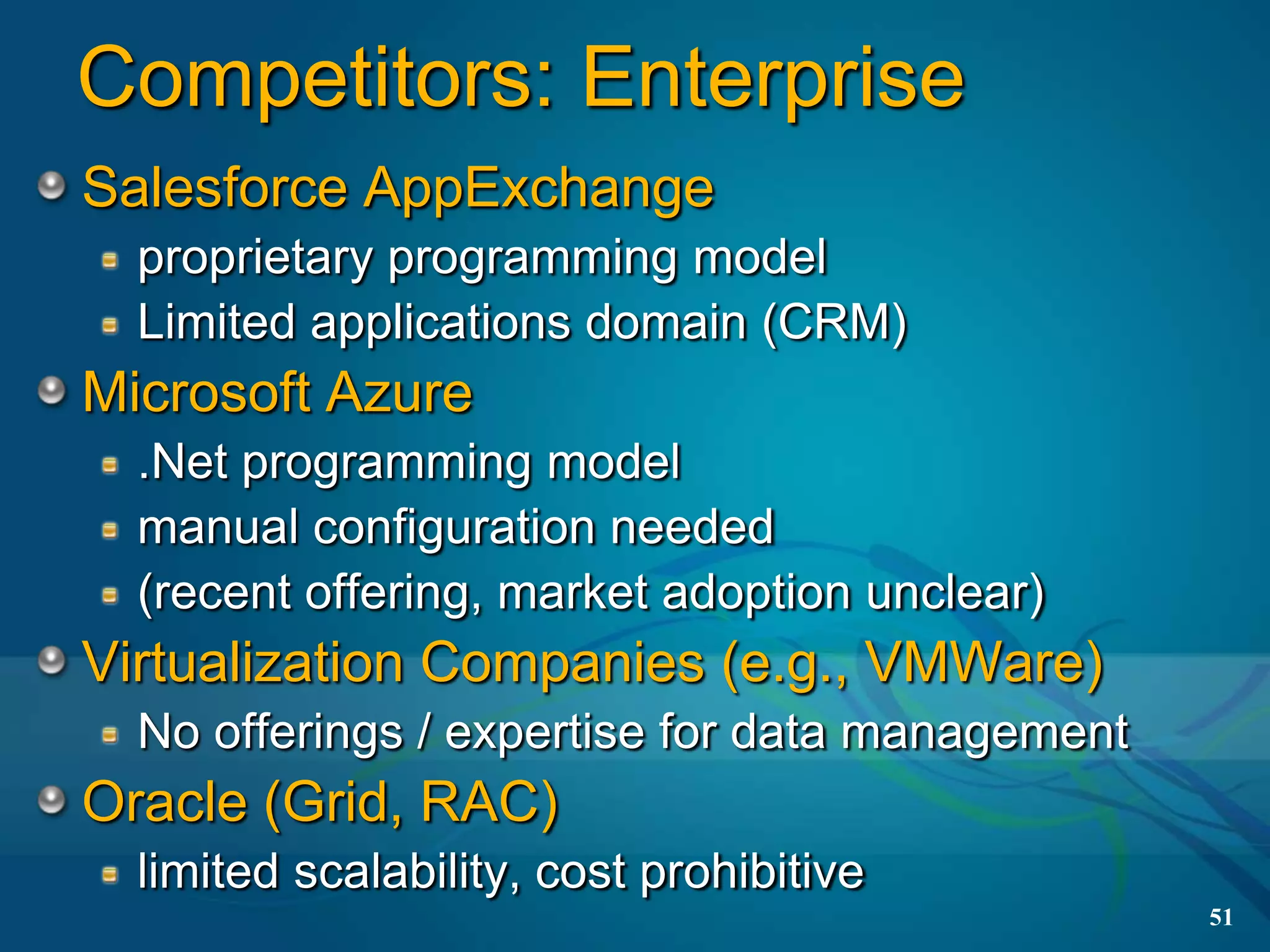 Competitors: Enterprise
Salesforce AppExchange
  proprietary programming model
  Limited applications domain (CRM)
Microsoft Azure
  .Net programming model
  manual configuration needed
  (recent offering, market adoption unclear)
Virtualization Companies (e.g., VMWare)
  No offerings / expertise for data management
Oracle (Grid, RAC)
  limited scalability, cost prohibitive
                                                 51
 