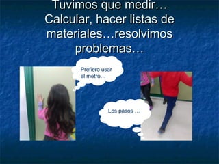 Tuvimos que medir…Tuvimos que medir…
Calcular, hacer listas deCalcular, hacer listas de
materiales…resolvimosmateriales…resolvimos
problemas…problemas…
Prefiero usar
el metro…
Los pasos …
 