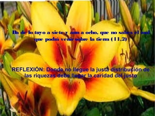 Da de lo tuyo a siete y aun a ocho, que no sabes el mal
que podrá venirsobre la tierra (11,2)
REFLEXIÓN: Donde no llegue la justa distribución de
las riquezas debe llegar la caridad del justo
.
 