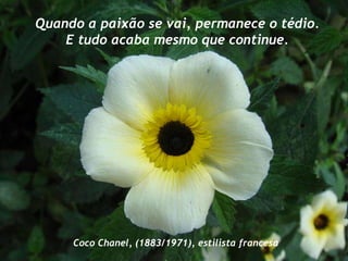 Quando a paixão se vai, permanece o tédio.  E tudo acaba mesmo que continue.  Coco Chanel, (1883/1971), estilista francesa   
