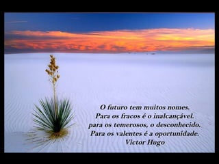 O futuro tem muitos nomes.
  Para os fracos é o inalcançável.
para os temerosos, o desconhecido.
Para os valentes é a oportunidade.
           Victor Hugo
 