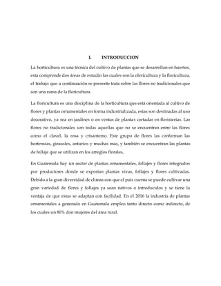 I. INTRODUCCION
La horticultura es una técnica del cultivo de plantas que se desarrollan en huertos,
esta comprende dos áreas de estudio las cuales son la olericultura y la floricultura,
el trabajo que a continuación se presente trata sobre las flores no tradicionales que
son una rama de la floricultura.
La floricultura es una disciplina de la horticultura que está orientada al cultivo de
flores y plantas ornamentales en forma industrializada, estas son destinadas al uso
decorativo, ya sea en jardines o en ventas de plantas cortadas en floristerías. Las
flores no tradicionales son todas aquellas que no se encuentran entre las flores
como el clavel, la rosa y crisantemo. Este grupo de flores las conforman las
hortensias, girasoles, anturios y muchas más, y también se encuentran las plantas
de follaje que se utilizan en los arreglos florales,
En Guatemala hay un sector de plantas ornamentales, follajes y flores integrados
por productores donde se exportan plantas vivas, follajes y flores cultivadas.
Debido a la gran diversidad de climas con que el país cuenta se puede cultivar una
gran variedad de flores y follajes ya sean nativos o introducidos y se tiene la
ventaja de que estas se adaptan con facilidad. En el 2016 la industria de plantas
ornamentales a generado en Guatemala empleo tanto directo como indirecto, de
los cuales un 80% don mujeres del área rural.
 