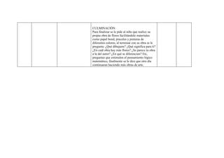 CULMINACIÓN
Para finalizar se le pide al niño que realice su
propia obra de flores facilitándole materiales
como papel bond, pinceles y pinturas de
diferentes colores, al terminar con su obra se le
pregunta: ¿Qué dibujaste? ¿Qué significa para ti?
¿En cuál obra hay más flores? ¿Se parece tu obra
a la del autor? ¿En qué se diferencian? Etc,
preguntas que estimulen el pensamiento lógico
matemático, finalmente se le dice que otro día
continuaran haciendo más obras de arte.
 