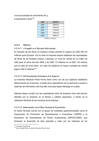 i es el porcentaje de crecimiento 4% y
n representa 5 años122.
                                         AÑO               OFERTA
                                         2005              15939,30
                                         2006              16576,87
                                         2007              17239,95
                                         2008              17929,54
                                         2009              18646,73
                                                Fuente: Usda gov.



4.5.4.4        Objetivos
4.5.4.4.1 A Cumplir en el Mercado Seleccionado
El mercado de las flores en Estados Unidos permite el ingreso de USD 300 mil
millones para Ecuador. Por lo tanto la empresa espera satisfacer las necesidades
de flores de los Estados Unidos y alcanzar un nivel de ventas de un millón de
USD para el cierre del año 2006 y de USD 1.5 millones en el 2007, de manera
que al cabo de cinco años, “en caso los objetivos se hayan cumplido las ventas
logren USD 5 millones123”.


4.5.4.4.2 Del Pensamiento Estratégico de la Empresa
La empresa Absolute Floral Farms tiene como uno de sus objetivos establecer
diferenciación en el servicio, a través de la capacitación de su personal y acceso a
sistemas de información del más alto nivel para lograr liderazgo en costos.


Además desea cumplir con las expectativas tanto de producto como del servicio
ofertado por la empresa en el tiempo y calidad requeridos, a través de la
utilización eficiente de los recursos de la empresa.


4.5.4.4.3 Relacionados con el Plan Nacional de Exportación
El sector florícola cuenta con el apoyo de entidades gubernamentales como la
Corporación de Promoción de Exportaciones e Inversiones CORPEI y la
Asociación de Exportadores de Flores Ecuatorianas EXPOFLORES, que
fomentan el desarrollo de ésta actividad y velan por los intereses de los

122
      Analístas Expoflores
123
      Ing. Eduardo Polo. Gerente Absolute Floral Farms
 