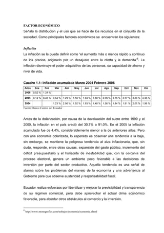 FACTOR ECONÓMICO
Señala la distribución y el uso que se hace de los recursos en el conjunto de la
sociedad. Como principales factores económicos se encuentran los siguientes:


Inflación
La inflación se la puede definir como “el aumento más o menos rápido y continuo
de los precios, originado por un desajuste entre la oferta y la demanda”6. La
inflación disminuye el poder adquisitivo de las personas, su capacidad de ahorro y
nivel de vida.


Cuadro 1.1: Inflación acumulada Marzo 2004 Febrero 2006
    Años    Ene    Feb      Mar     Abr     May     Jun      Jul   Ago   Sep   Oct   Nov   Dic
    2006   0.52 % 1.31 %

    2005   0.14 % 0.40 % 0.64 % 1.29 % 1.55 % 1.63 % 1.88 % 2.09 % 2.76 % 3.57 % 3.89 % 4.36 %

    2004                   1.23 % 2.06 % 1.92 % 1.93 % 1.48 % 1.58 % 1.84 % 1.91 % 2.05 % 1.96 %
Fuente: Banco Central del Ecuador



Antes de la dolarización, por causa de la devaluación del sucre entre 1999 y el
2000, la inflación en el país creció del 30.7% a 91.0%. En el 2005 la inflación
acumulada fue de 4.4%, considerablemente menor a la de anteriores años. Pero
con una economía dolarizada, lo esperado es observar una tendencia a la baja,
sin embargo, se mantiene la peligrosa tendencia al alza inflacionaria, que, sin
duda, responde, entre otras causas, expansión del gasto público, incremento del
déficit presupuestario y el horizonte de inestabilidad que, con la cercanía del
proceso electoral, genera un ambiente poco favorable a las decisiones de
inversión por parte del sector productivo. Aquella tendencia es una señal de
alarma sobre los problemas del manejo de la economía y una advertencia al
Gobierno para que observe austeridad y responsabilidad fiscal.


Ecuador realiza esfuerzos por liberalizar y mejorar la previsibilidad y transparencia
de su régimen comercial, pero debe aprovechar el actual clima económico
favorable, para abordar otros obstáculos al comercio y la inversión.


6
    http://www.monografias.com/trabajos/economia/economia.shtml
 