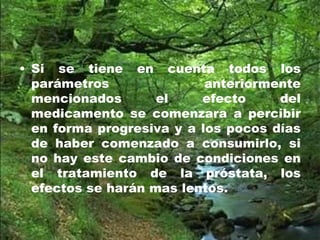 • Si se tiene en cuenta todos los
parámetros anteriormente
mencionados el efecto del
medicamento se comenzara a percibir
en forma progresiva y a los pocos días
de haber comenzado a consumirlo, si
no hay este cambio de condiciones en
el tratamiento de la próstata, los
efectos se harán mas lentos.
 