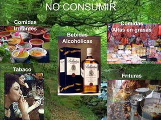 NO CONSUMIR
Bebidas
Alcohólicas
Comidas
Irritantes
Comidas
Altas en grasas
Frituras
Tabaco
 