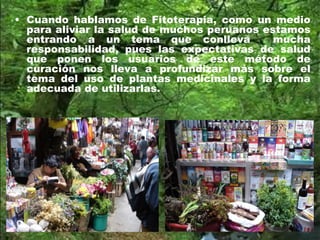 • Cuando hablamos de Fitoterapia, como un medio
para aliviar la salud de muchos peruanos estamos
entrando a un tema que conlleva mucha
responsabilidad, pues las expectativas de salud
que ponen los usuarios de este método de
curación nos lleva a profundizar más sobre el
tema del uso de plantas medicinales y la forma
adecuada de utilizarlas.
 