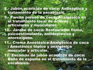 8.- Jabón acaricida de coca: Antiséptico y
tratamiento de la escabiosis.
9.- Parche poroso de coca: Analgésico en
el tratamiento local de dolores
articulares y musculares.
10.- Jarabe de coca: Restaurador físico,
psicoestimulante, antidepresivo y
anorexígeno.
11.- Crema Anestésica-Analgésica de coca
: Anestésico tópico y analgésico
muscular y articular.
12. Escamas de jabón acaricida de coca:
Baño de espuma en el tratamiento de la
escabiosis.
 