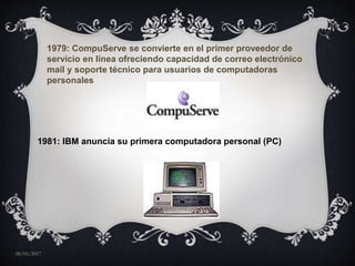 1979: CompuServe se convierte en el primer proveedor de
servicio en línea ofreciendo capacidad de correo electrónico
mail ...