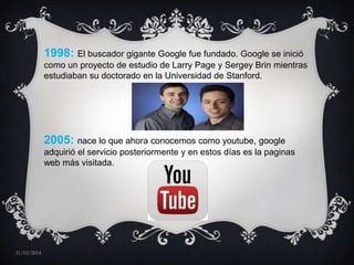 1998: El buscador gigante Google fue fundado. Google se inició
como un proyecto de estudio de Larry Page y Sergey Brin mientras
estudiaban su doctorado en la Universidad de Stanford.

2005: nace lo que ahora conocemos como youtube, google
adquirió el servicio posteriormente y en estos días es la paginas
web más visitada.

21/02/2014

 