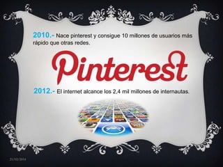 2010.- Nace pinterest y consigue 10 millones de usuarios más
rápido que otras redes.

2012.- El internet alcance los 2,4 mil millones de internautas.

21/02/2014

 