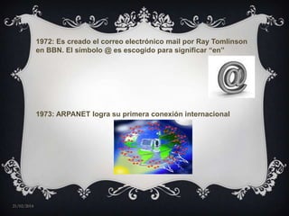 1972: Es creado el correo electrónico mail por Ray Tomlinson
en BBN. El símbolo @ es escogido para significar “en”

1973: ARPANET logra su primera conexión internacional

21/02/2014

 