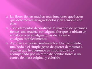 





las flores tienen muchas más funciones que hacen
que debamos estar agradecidos y en armonía con
ellas:
- Son elementos decorativos: la mayoría de personas
tienen una maceta con alguna flor que la ubican en
el balcon o en en algun lugar de la casa o
en algún establecimiento
Ayudan a expresar sentimientos: Un nacimiento,
una boda o el simple gesto de querer demostrar a
alguien que le queremos es impulsado si va
acompañado por un ramo de bonitas flores o un
centro de mesa original y colorido

 