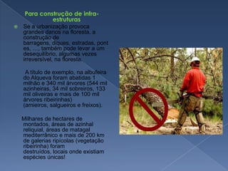 Para construção de infra-estruturasSe a urbanização provoca grandes danos na floresta, a construção de barragens, diques, estradas, pontes, …, também pode levar a um desequilíbrio, algumas vezes irreversível, na floresta.A título de exemplo, na albufeira do Alqueva foram abatidas 1 milhão e 340 mil árvores (544 mil azinheiras, 34 mil sobreiros, 133 mil oliveiras e mais de 100 mil árvores ribeirinhas) (amieiros, salgueiros e freixos).     Milhares de hectares de montados, áreas de azinhal reliquial, áreas de matagal mediterrânico e mais de 200 km de galerias ripícolas (vegetação ribeirinha) foram destruídos, locais ondeexistiam espécies únicas!