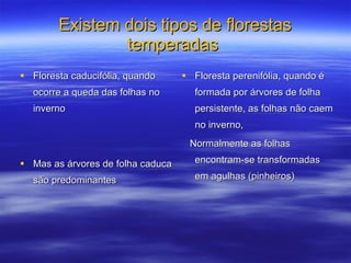 Existem dois tipos de florestas temperadas  Floresta caducifólia, quando ocorre a queda das folhas no inverno Mas as árvores de folha caduca são predominantes  Floresta perenifólia, quando é formada por árvores de folha persistente, as folhas não caem no inverno, Normalmente as folhas  encontram-se transformadas em agulhas (pinheiros) 