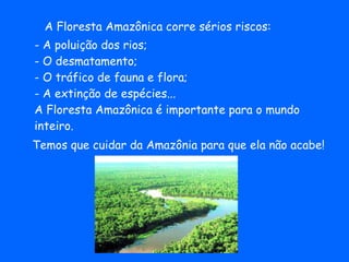 A Floresta Amazônica corre sérios riscos: - A poluição dos rios; - O desmatamento; - O tráfico de fauna e flora; - A extinção de espécies... A Floresta Amazônica é importante para o mundo inteiro.  Temos que cuidar da Amazônia para que ela não acabe! 