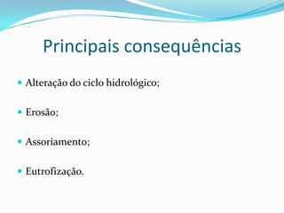 Impactos Ambientais na FlorestaPrincipais causas:QueimadasGarimposDesmatamentoInvasõesExploração de madeiraBiopirataria