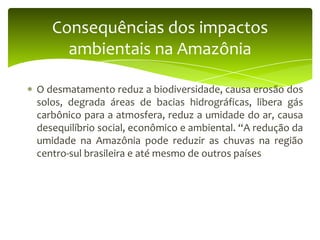 Consequências dos impactos
ambientais na Amazônia
O desmatamento reduz a biodiversidade, causa erosão dos
solos, degrada áreas de bacias hidrográficas, libera gás
carbônico para a atmosfera, reduz a umidade do ar, causa
desequilíbrio social, econômico e ambiental. “A redução da
umidade na Amazônia pode reduzir as chuvas na região
centro-sul brasileira e até mesmo de outros países

 