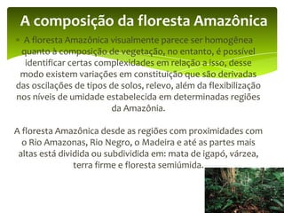 A composição da floresta Amazônica
A floresta Amazônica visualmente parece ser homogênea
quanto à composição de vegetação, no entanto, é possível
identificar certas complexidades em relação a isso, desse
modo existem variações em constituição que são derivadas
das oscilações de tipos de solos, relevo, além da flexibilização
nos níveis de umidade estabelecida em determinadas regiões
da Amazônia.

A floresta Amazônica desde as regiões com proximidades com
o Rio Amazonas, Rio Negro, o Madeira e até as partes mais
altas está dividida ou subdividida em: mata de igapó, várzea,
terra firme e floresta semiúmida.

 