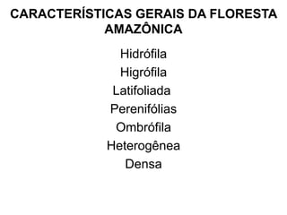 CARACTERÍSTICAS GERAIS DA FLORESTA
AMAZÔNICA
Hidrófila
Higrófila
Latifoliada
Perenifólias
Ombrófila
Heterogênea
Densa
 