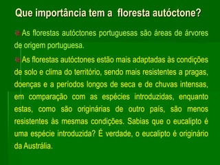 Que importância tem a  floresta autóctone? As florestas autóctones portuguesas são áreas de árvores de origem portuguesa.  As florestas autóctones estão mais adaptadas às condições de solo e clima do território, sendo mais resistentes a pragas, doenças e a períodos longos de seca e de chuvas intensas, em comparação com as espécies introduzidas, enquanto estas, como são originárias de outro país, são menos resistentes às mesmas condições. Sabias que o eucalipto é uma espécie introduzida? É verdade, o eucalipto é originário da Austrália. 