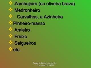  Zambujeiro (ou oliveira brava)Zambujeiro (ou oliveira brava)
 MedronheiroMedronheiro
 Carvalhos, a AzinheiraCarvalhos, a Azinheira
Pinheiro-mansoPinheiro-manso
 AmieiroAmieiro
 FreixoFreixo
 SalgueirosSalgueiros
etc.etc.
Equipa de Saúde e AmbienteEquipa de Saúde e Ambiente
Ano ectivo 2010/2011Ano ectivo 2010/2011
 