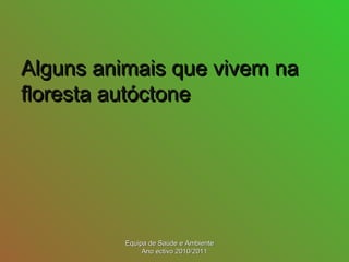 Alguns animais que vivem naAlguns animais que vivem na
floresta autóctonefloresta autóctone
Equipa de Saúde e AmbienteEquipa de Saúde e Ambiente
Ano ectivo 2010/2011Ano ectivo 2010/2011
 