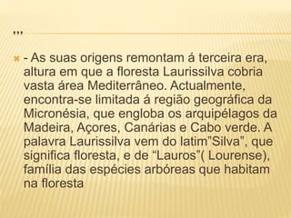 …
 - As suas origens remontam á terceira era,
altura em que a floresta Laurissilva cobria
vasta área Mediterrâneo. Actualmente,
encontra-se limitada á região geográfica da
Micronésia, que engloba os arquipélagos da
Madeira, Açores, Canárias e Cabo verde. A
palavra Laurissilva vem do latim”Silva”, que
significa floresta, e de “Lauros”( Lourense),
família das espécies arbóreas que habitam
na floresta
 